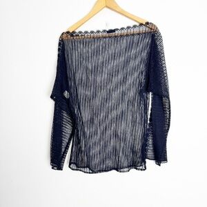 Akris Sheer Open Weave Long Sleeve Navy Blue Top size 8